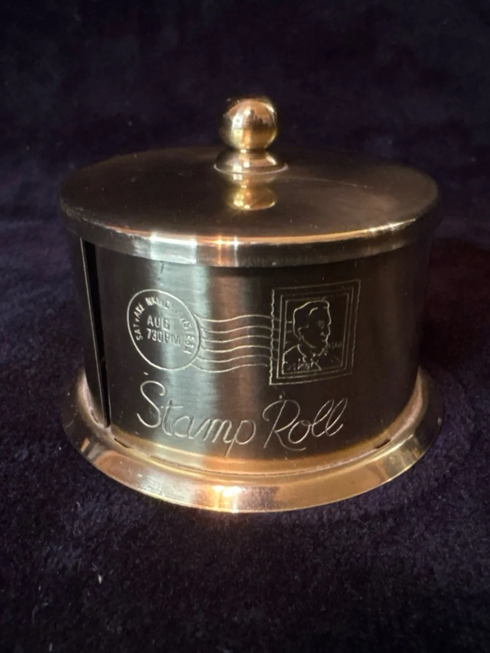 Vintage Solid Brass Stamp Roll Dispenser Holder OS Brass Postmark Detail EUC